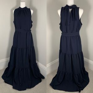 NWT Anne Klein Navy Blue Maxi Full Floor Length Halter Neck Dress Gown Women 10